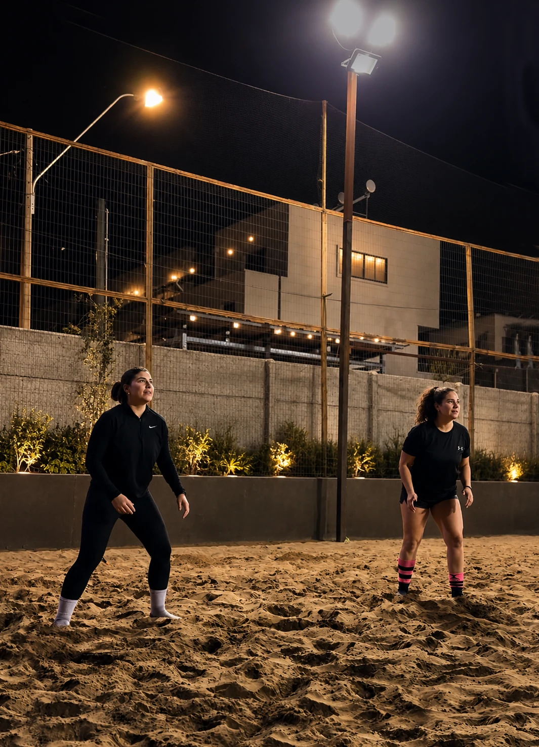 Dos mujeres entrenando Footvolley de noche en una cancha de arena